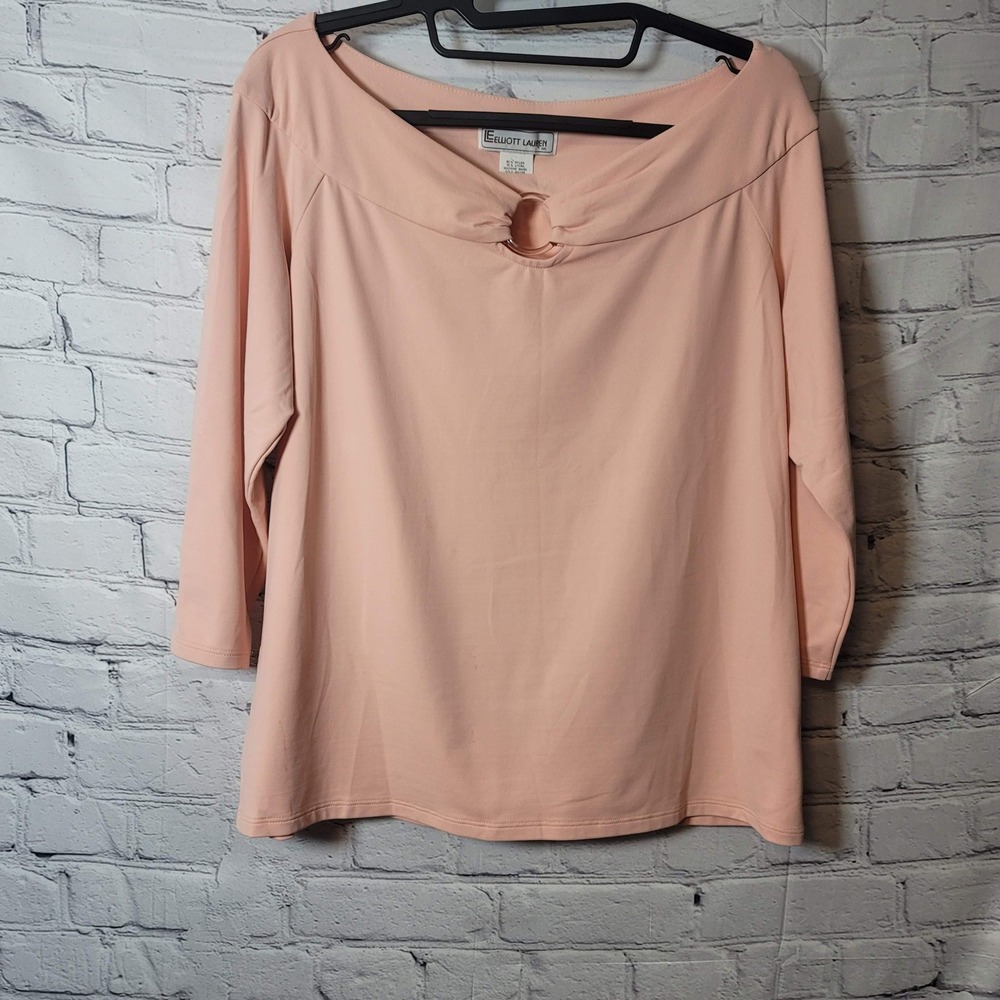 Elliott Lauren Pink Ring Neck 3/4 Sleeve Blouse Top Made in USA Nylon Lycra Work